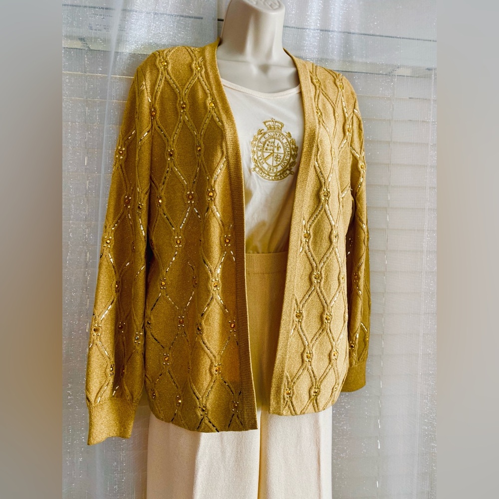 ST.JOHN by MARIE  GRAY GOLD with Metalic Gold CLASSIC Sweater buttonless Size 6